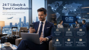Business executive traveling internationally receives 24/7 virtual assistant support for hotel bookings, restaurant reservations, airport transfers, cab coordination, purchases, delivery tracking, and account management.