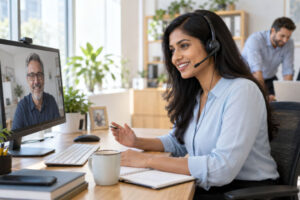 Virtual assistant on a video call with a business owner while colleagues collaborate in a bright office.